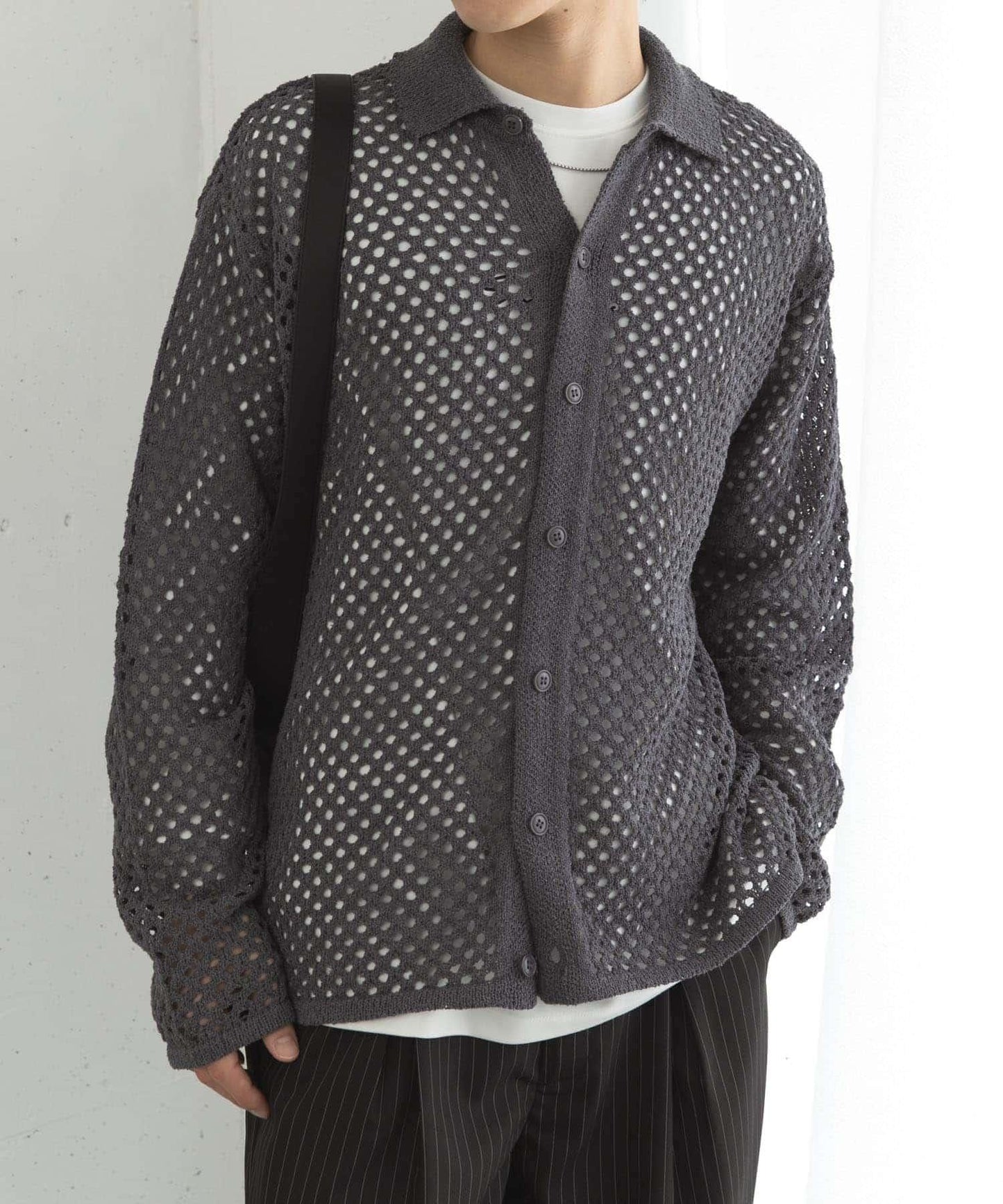 中性款網眼拼接翻領開衫