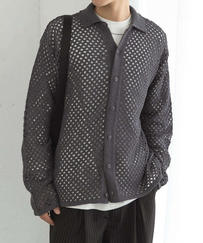 中性款網眼拼接翻領開衫