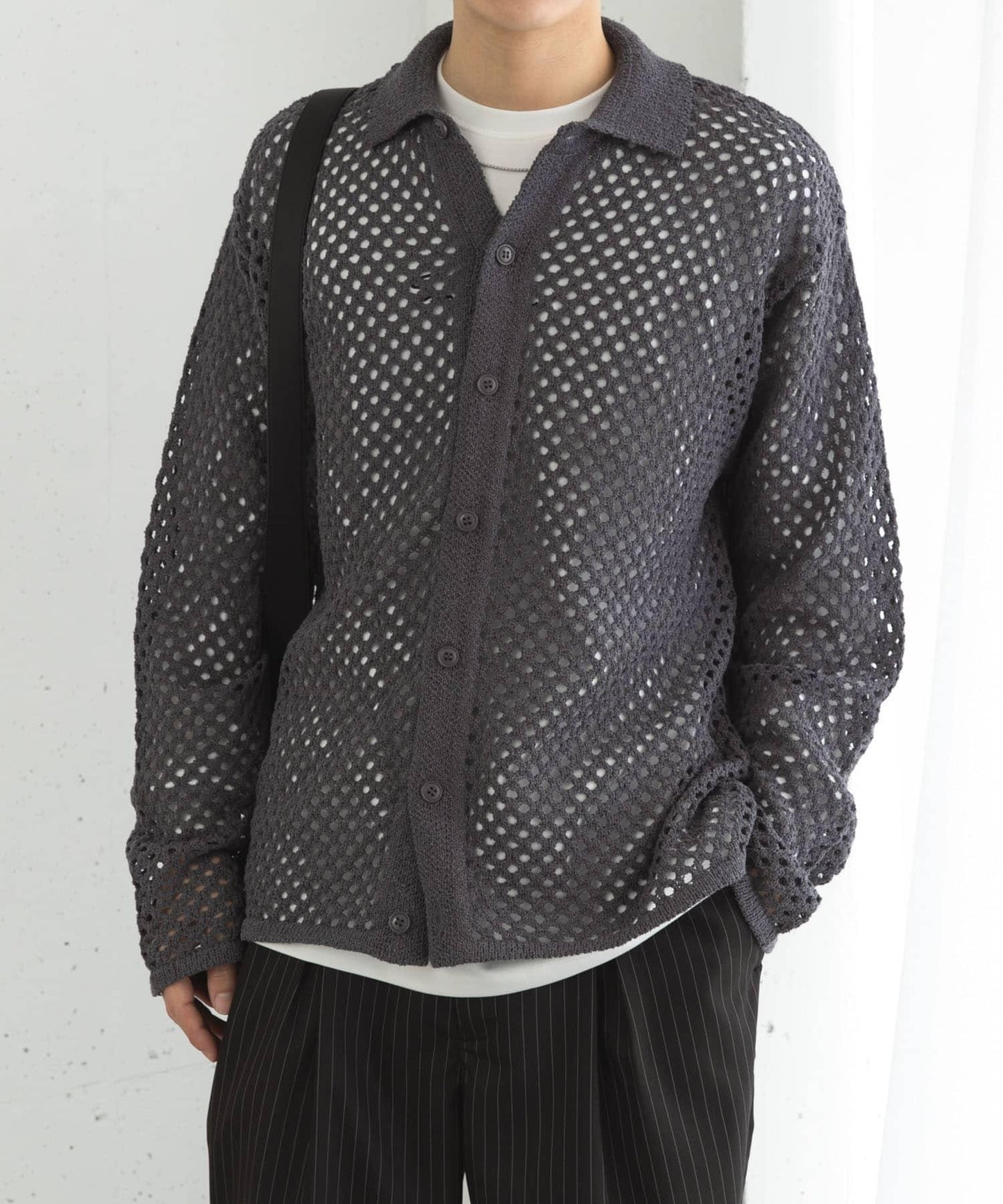 中性款網眼拼接翻領開衫