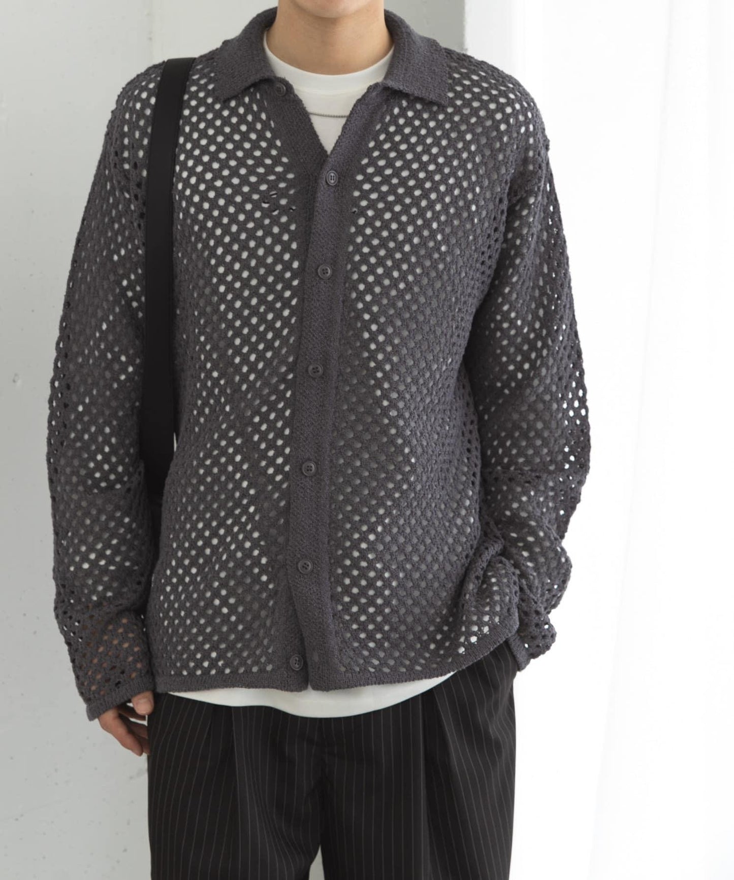 中性款網眼拼接翻領開衫