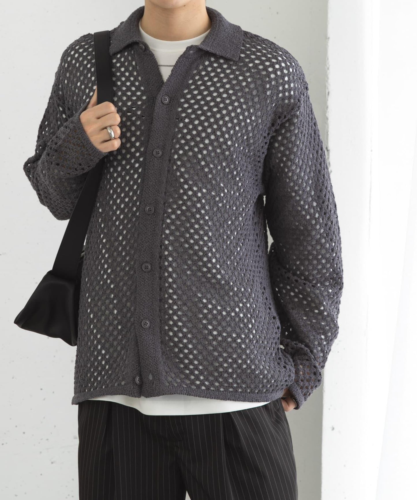 中性款網眼拼接翻領開衫