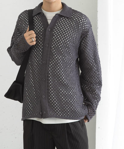 中性款網眼拼接翻領開衫