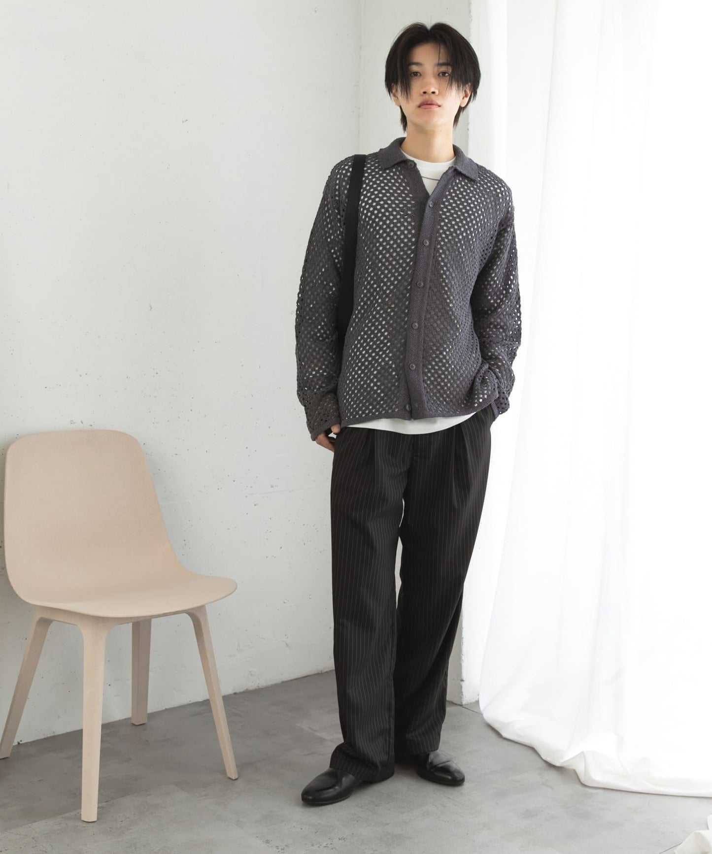 中性款網眼拼接翻領開衫