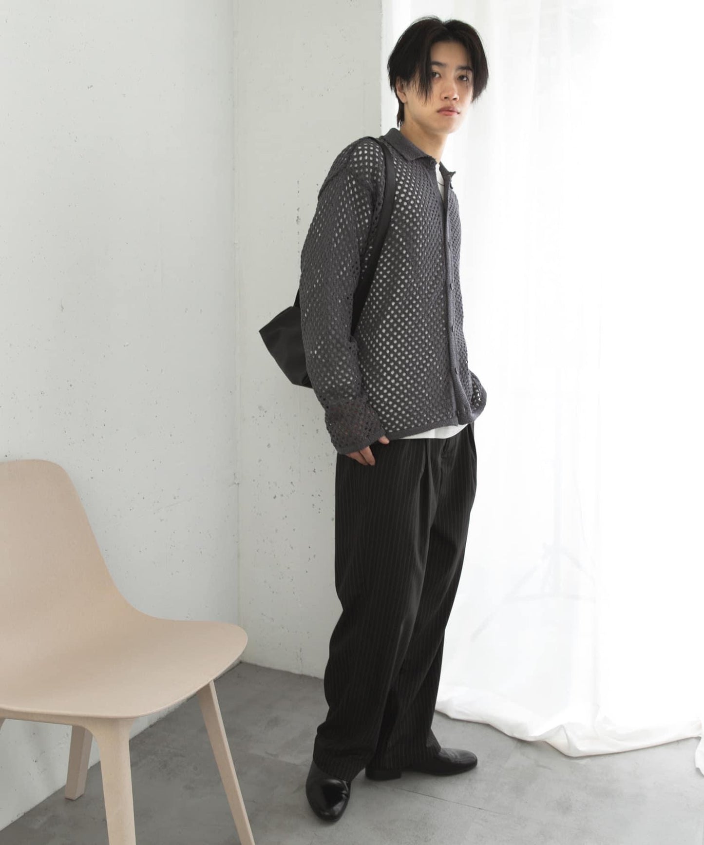 中性款網眼拼接翻領開衫