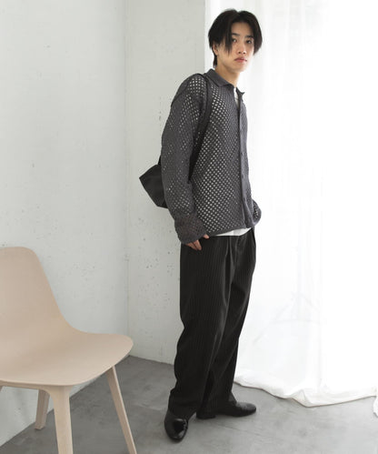 中性款網眼拼接翻領開衫