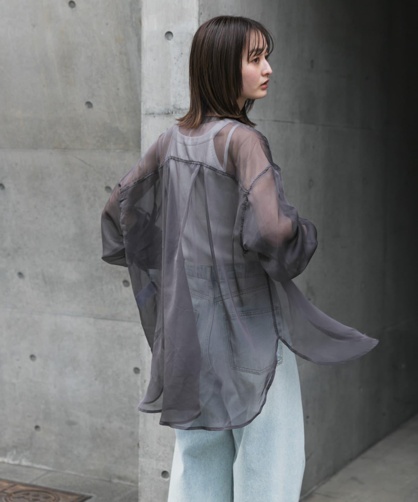 立領香檳色薄紗襯衫