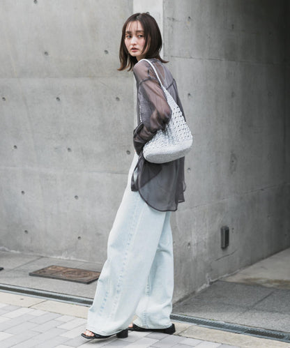 立領香檳色薄紗襯衫