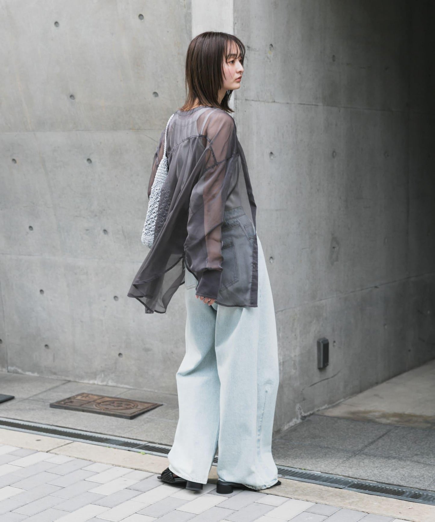 立領香檳色薄紗襯衫