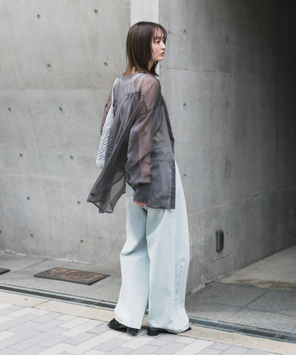 立領香檳色薄紗襯衫