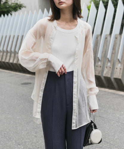 立領香檳色薄紗襯衫