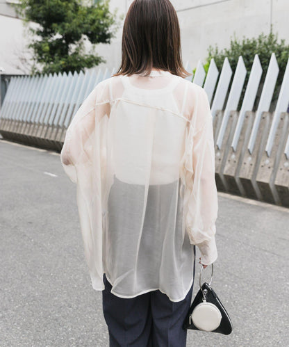 立領香檳色薄紗襯衫