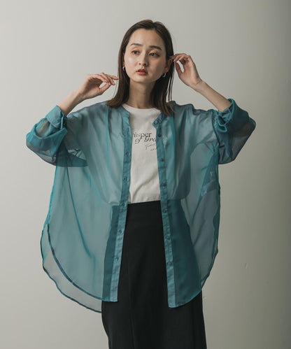 立領香檳色薄紗襯衫