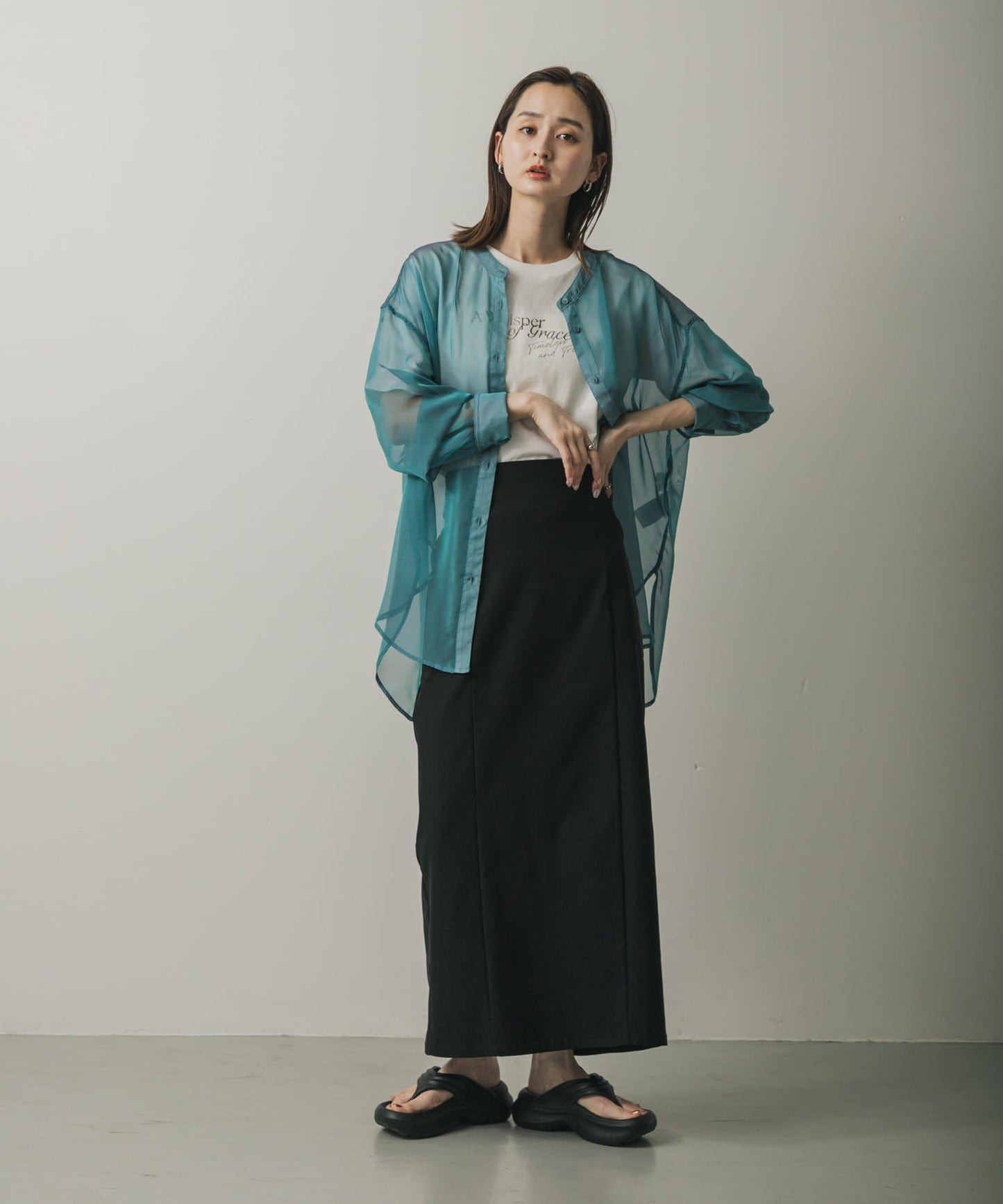 立領香檳色薄紗襯衫