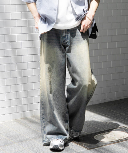 中性復古風牛仔寬腿褲