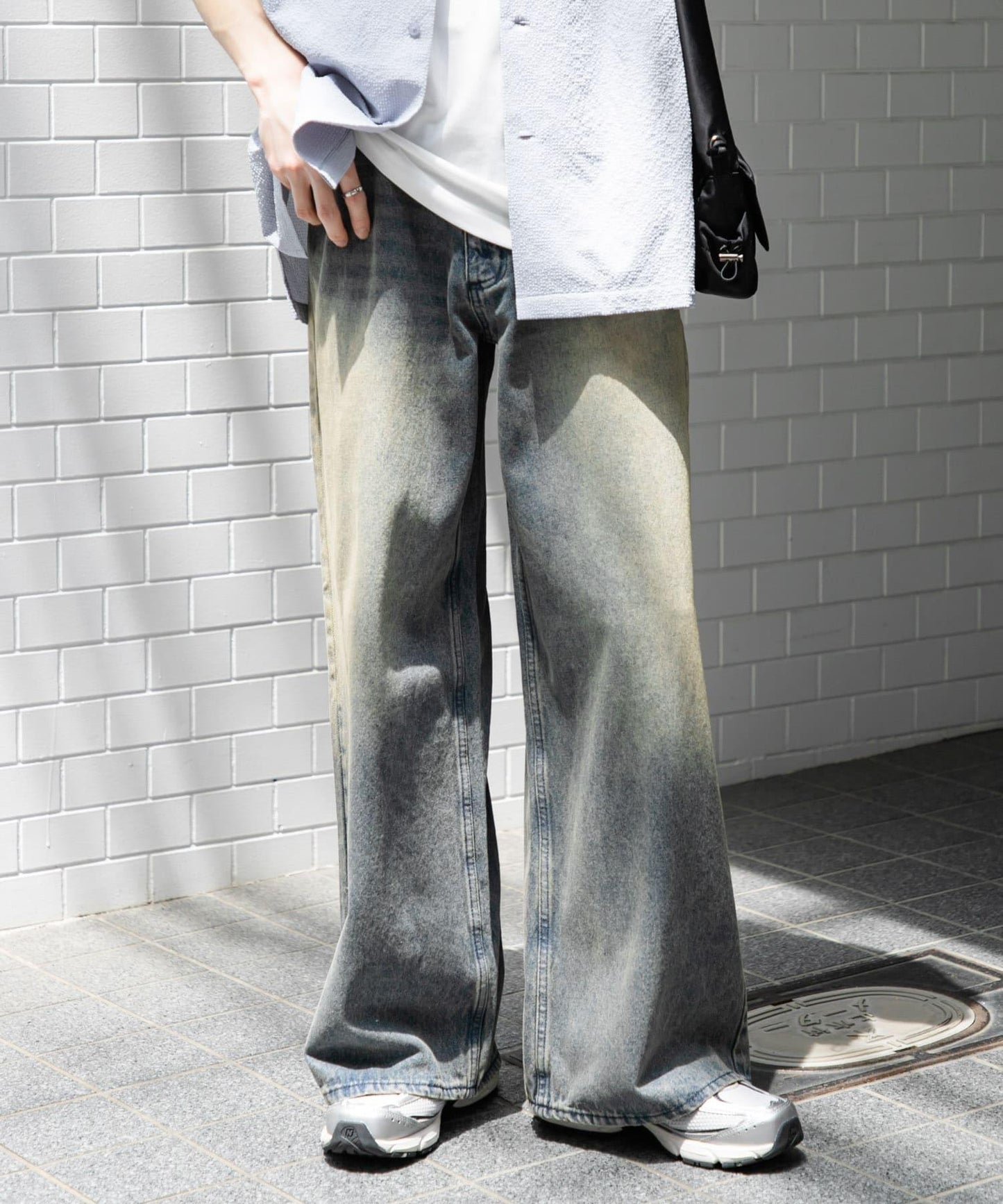 中性復古風牛仔寬腿褲