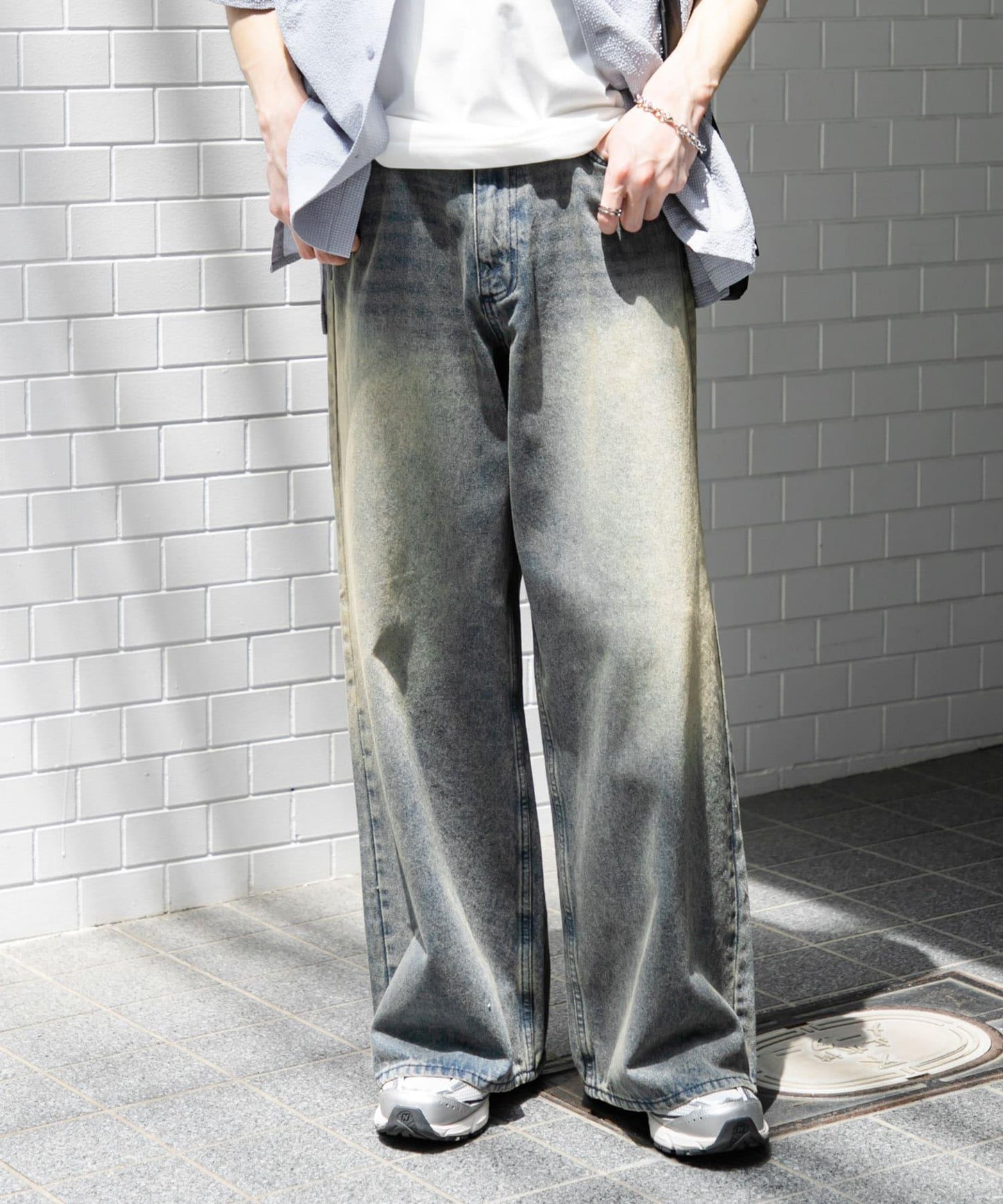 中性復古風牛仔寬腿褲