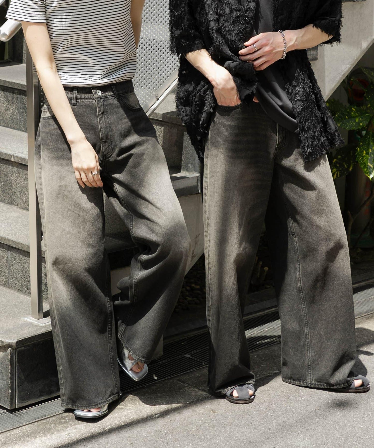 中性復古風牛仔寬腿褲