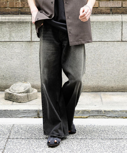 中性復古風牛仔寬腿褲
