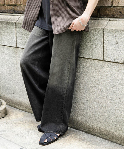 中性復古風牛仔寬腿褲