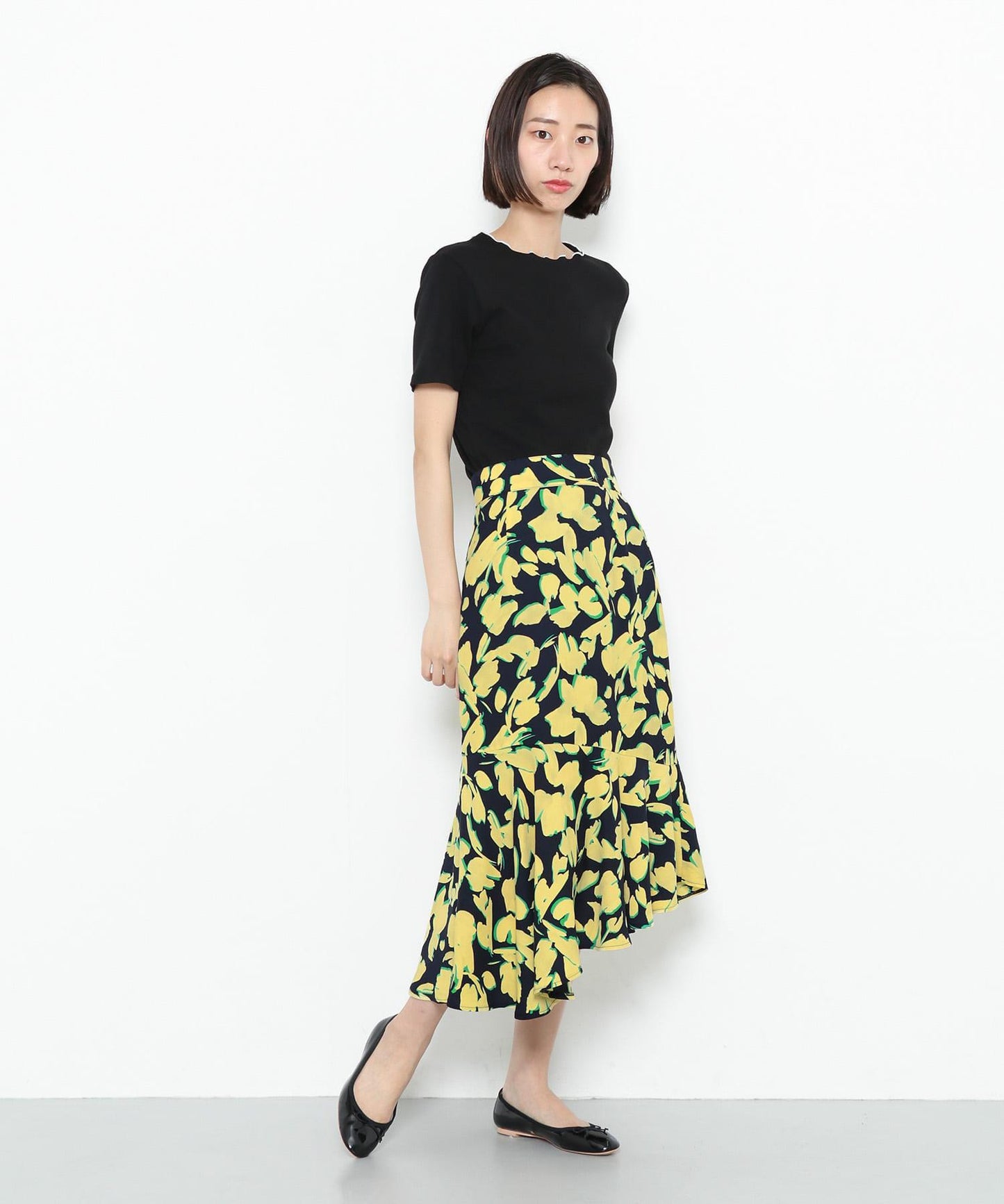 植物印花不規則下襬半身裙∴