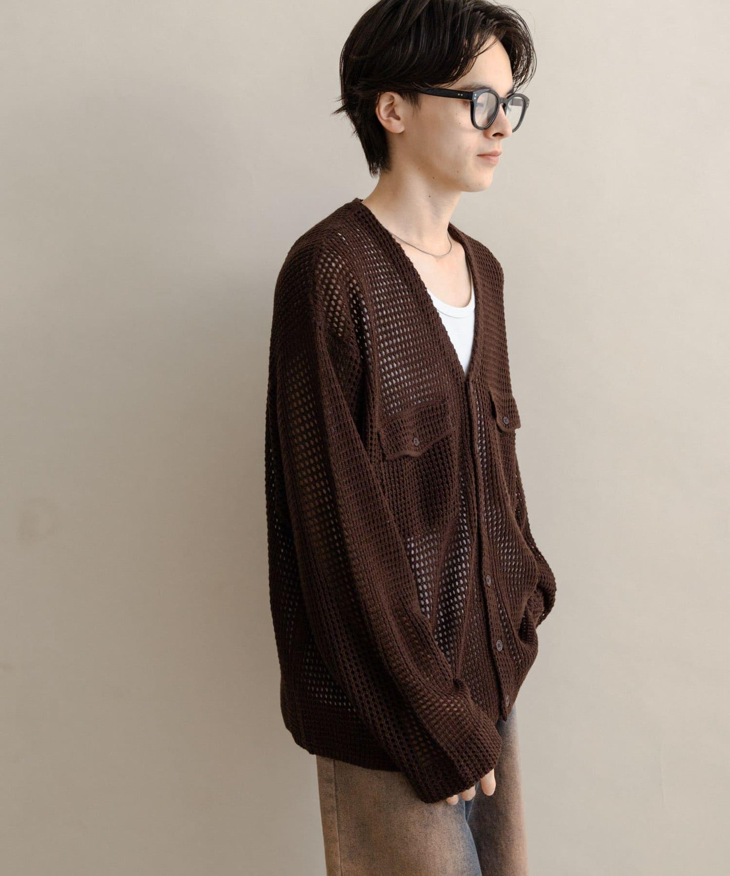 雙口袋V領針織開衫