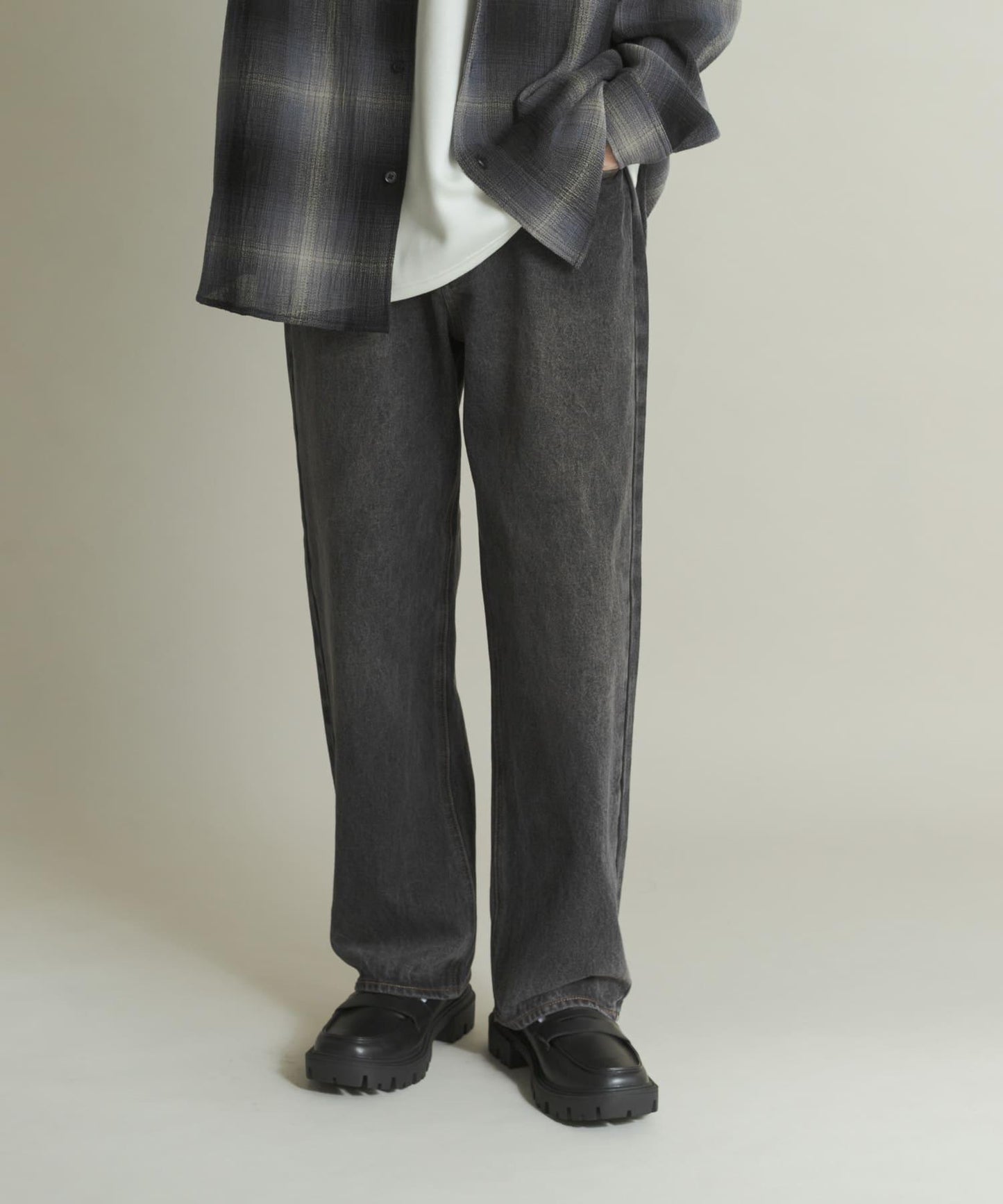 硬質水洗牛仔寬腿褲