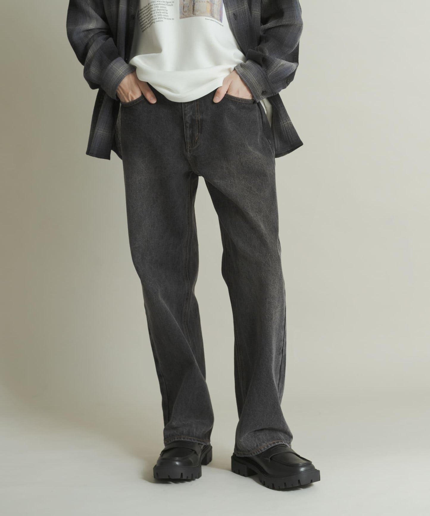 硬質水洗牛仔寬腿褲