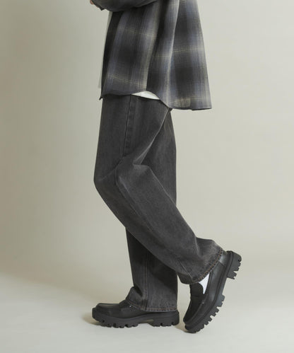 硬質水洗牛仔寬腿褲