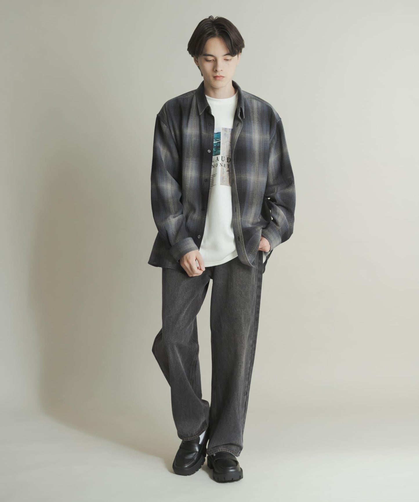 硬質水洗牛仔寬腿褲