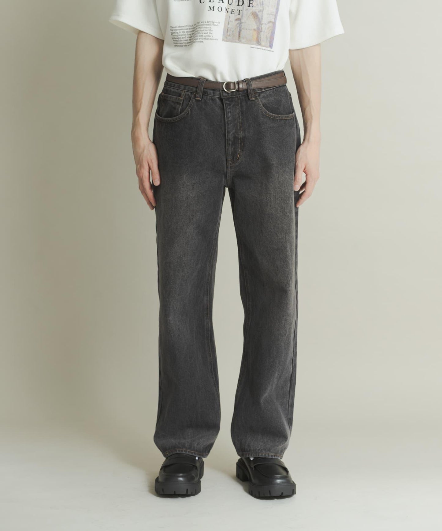 硬質水洗牛仔寬腿褲