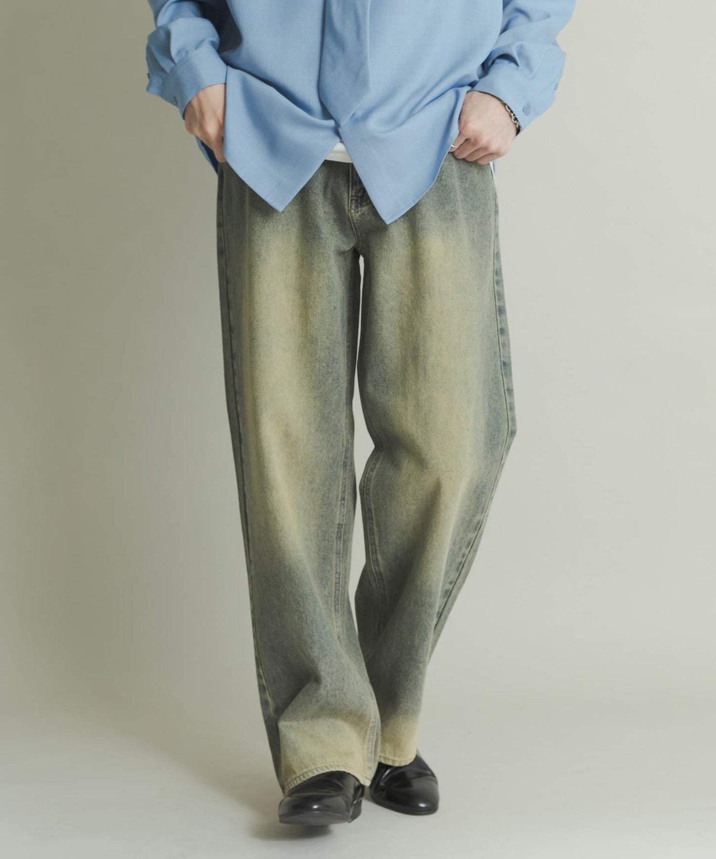 硬質水洗牛仔寬腿褲