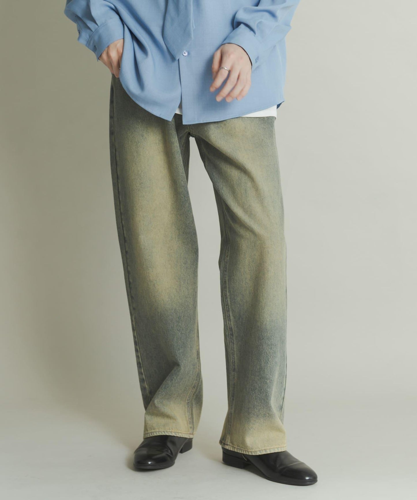 硬質水洗牛仔寬腿褲