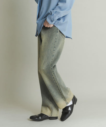 硬質水洗牛仔寬腿褲