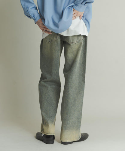 硬質水洗牛仔寬腿褲