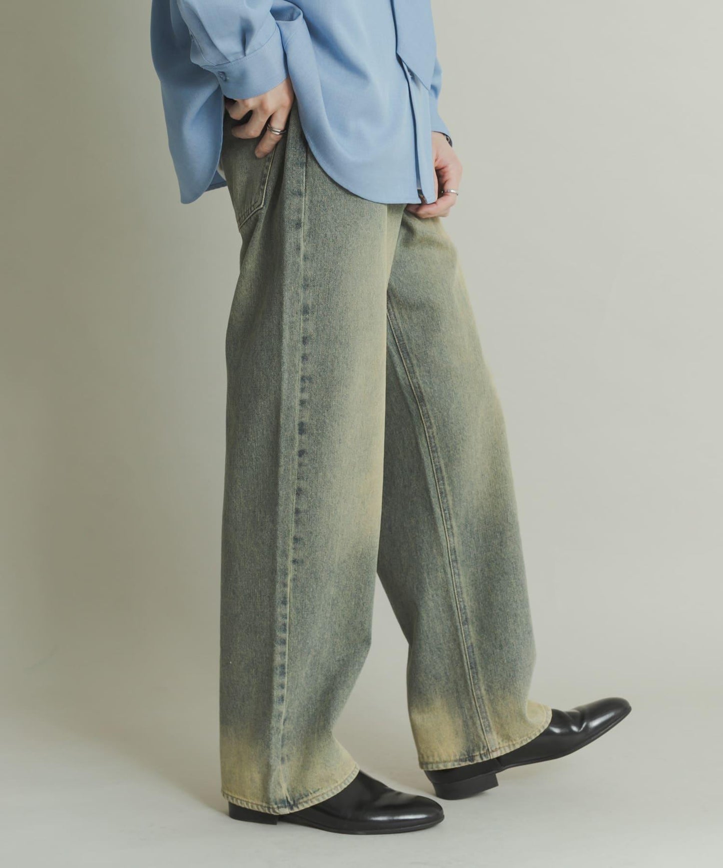 硬質水洗牛仔寬腿褲