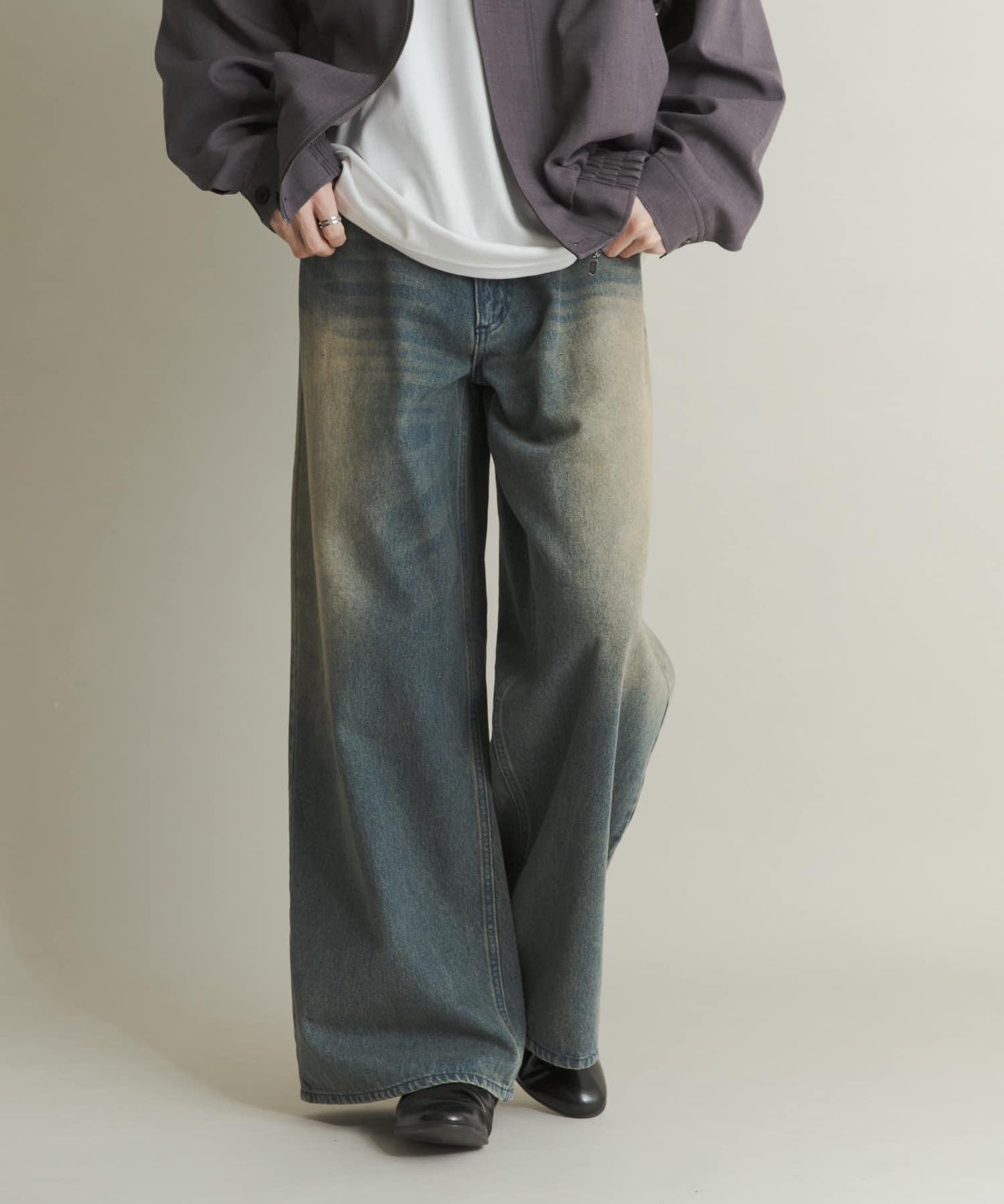 復古風牛仔寬腿褲