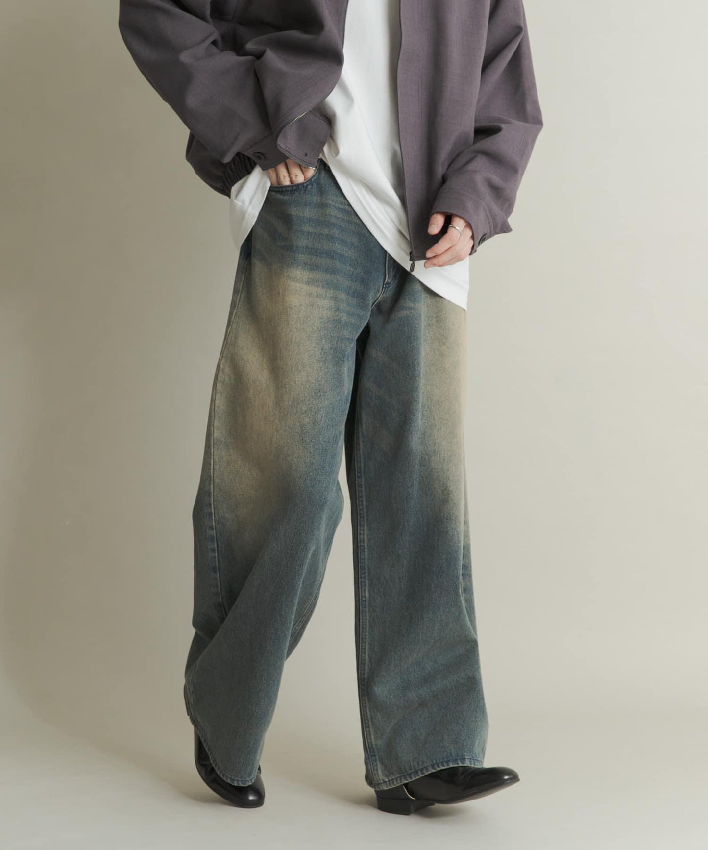 復古風牛仔寬腿褲