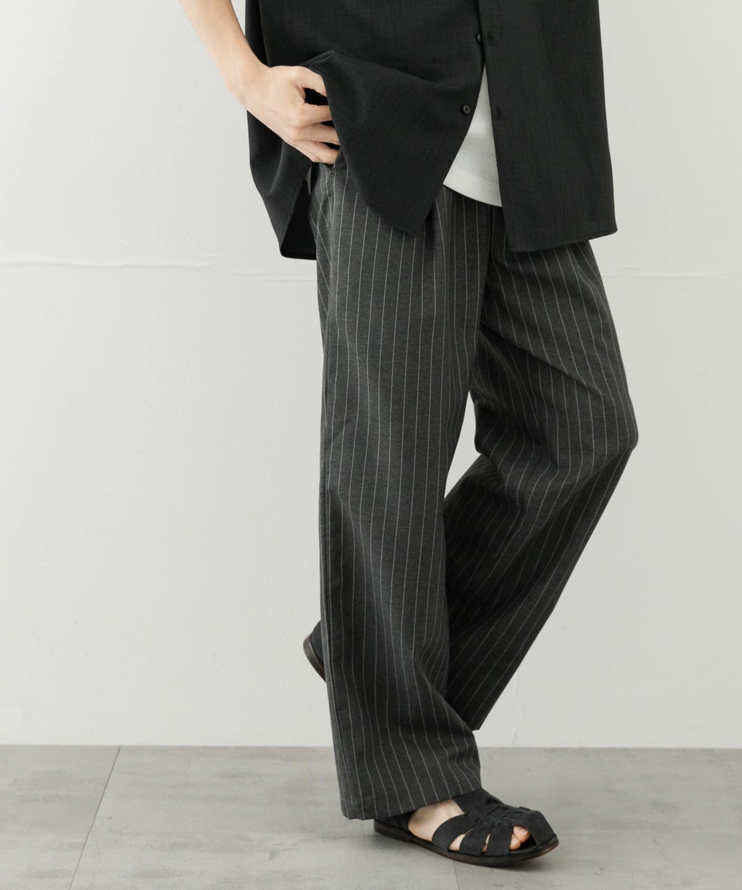 可搭配套裝 易打理/速幹 仿亞麻細條紋寬鬆長褲