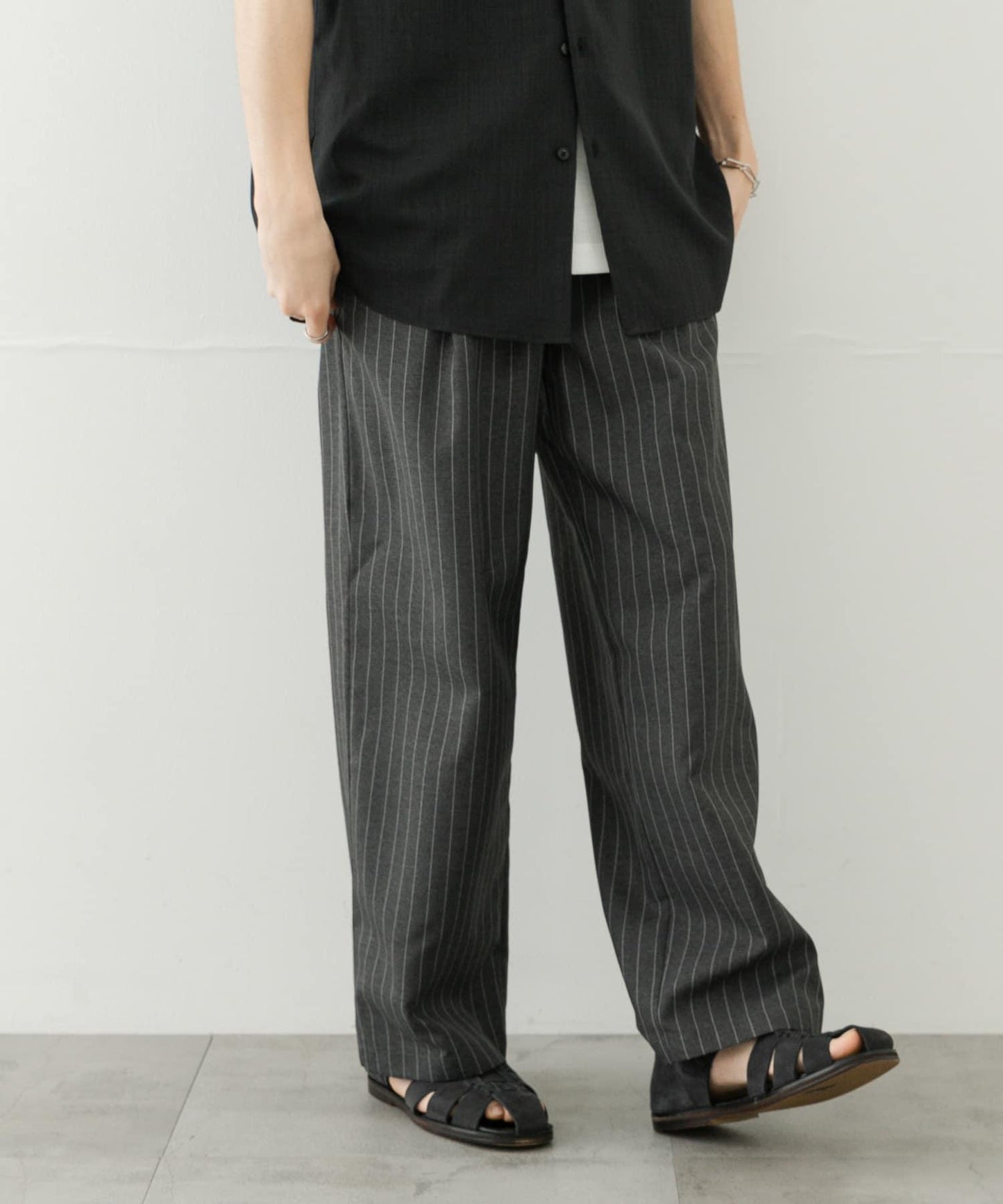 可搭配套裝 易打理/速幹 仿亞麻細條紋寬鬆長褲