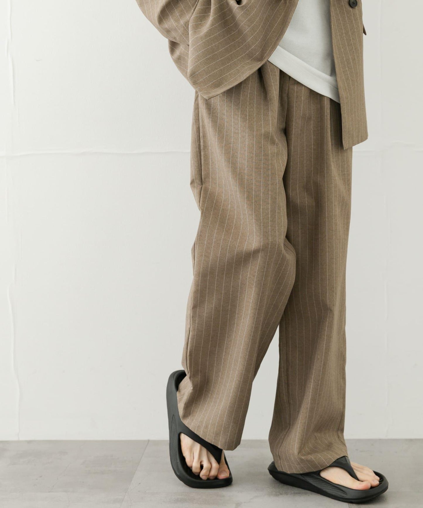 可搭配套裝 易打理/速幹 仿亞麻細條紋寬鬆長褲