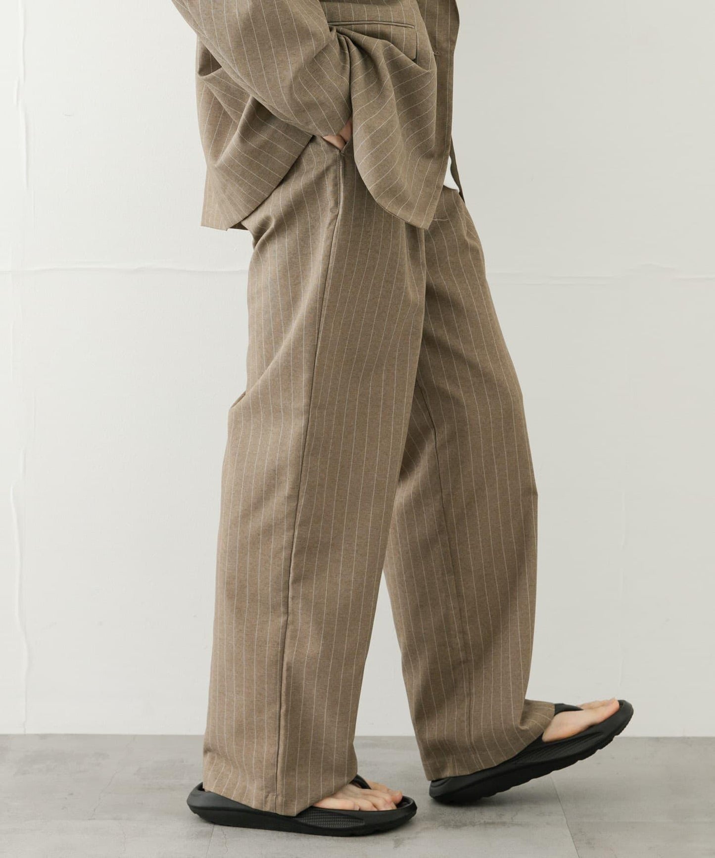 可搭配套裝 易打理/速幹 仿亞麻細條紋寬鬆長褲