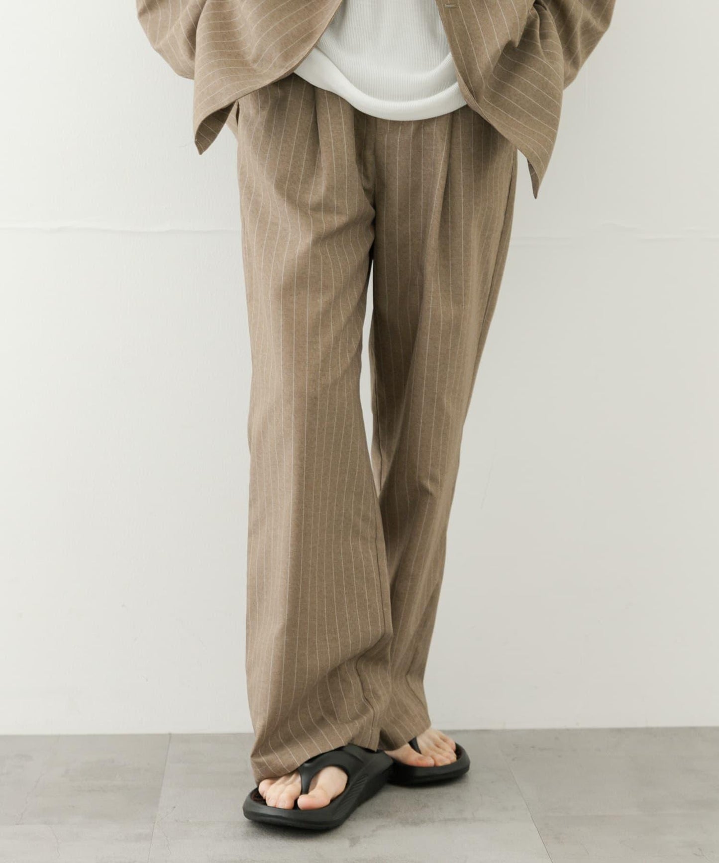 可搭配套裝 易打理/速幹 仿亞麻細條紋寬鬆長褲