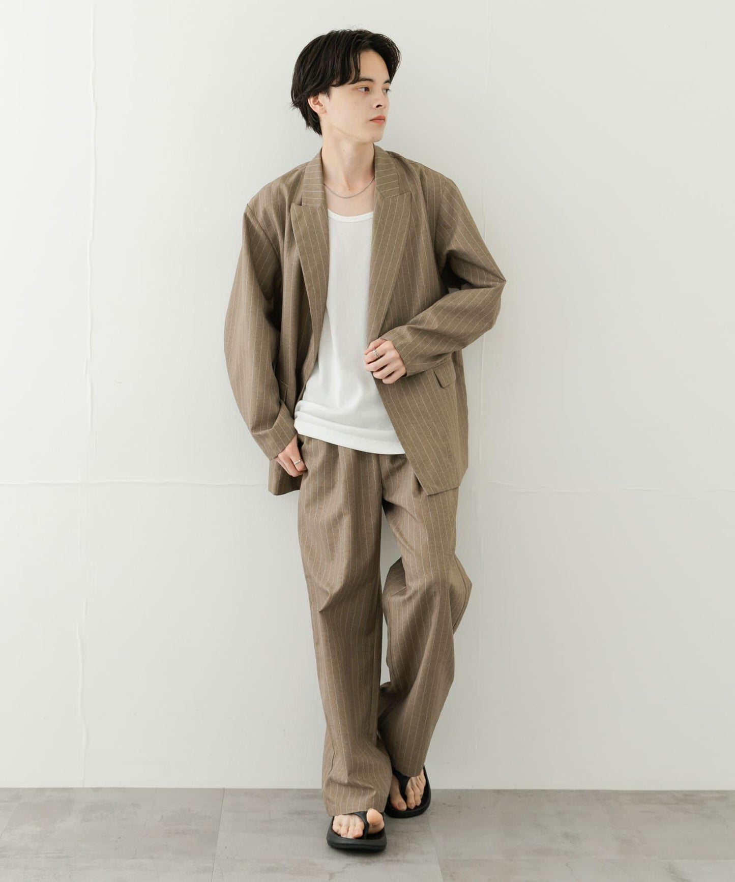 可搭配套裝 易打理/速幹 仿亞麻細條紋寬鬆長褲