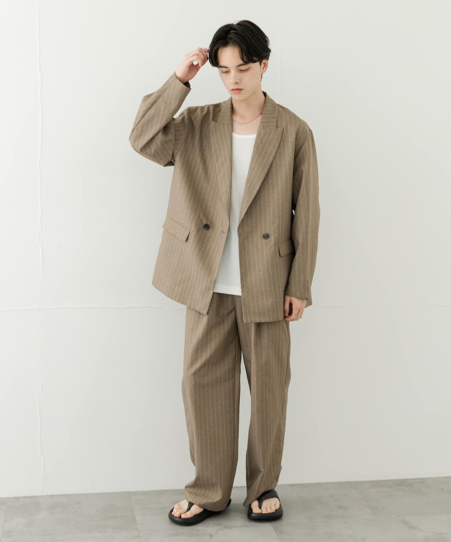 可搭配套裝 易打理/速幹 仿亞麻細條紋寬鬆長褲