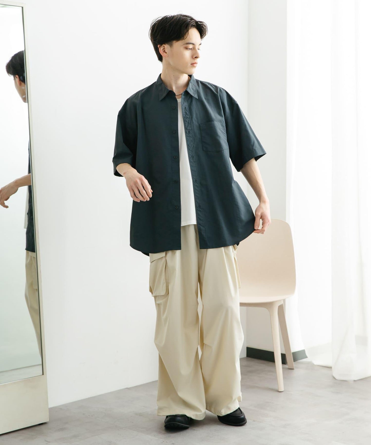 尼龍常規領寬鬆短袖襯衫