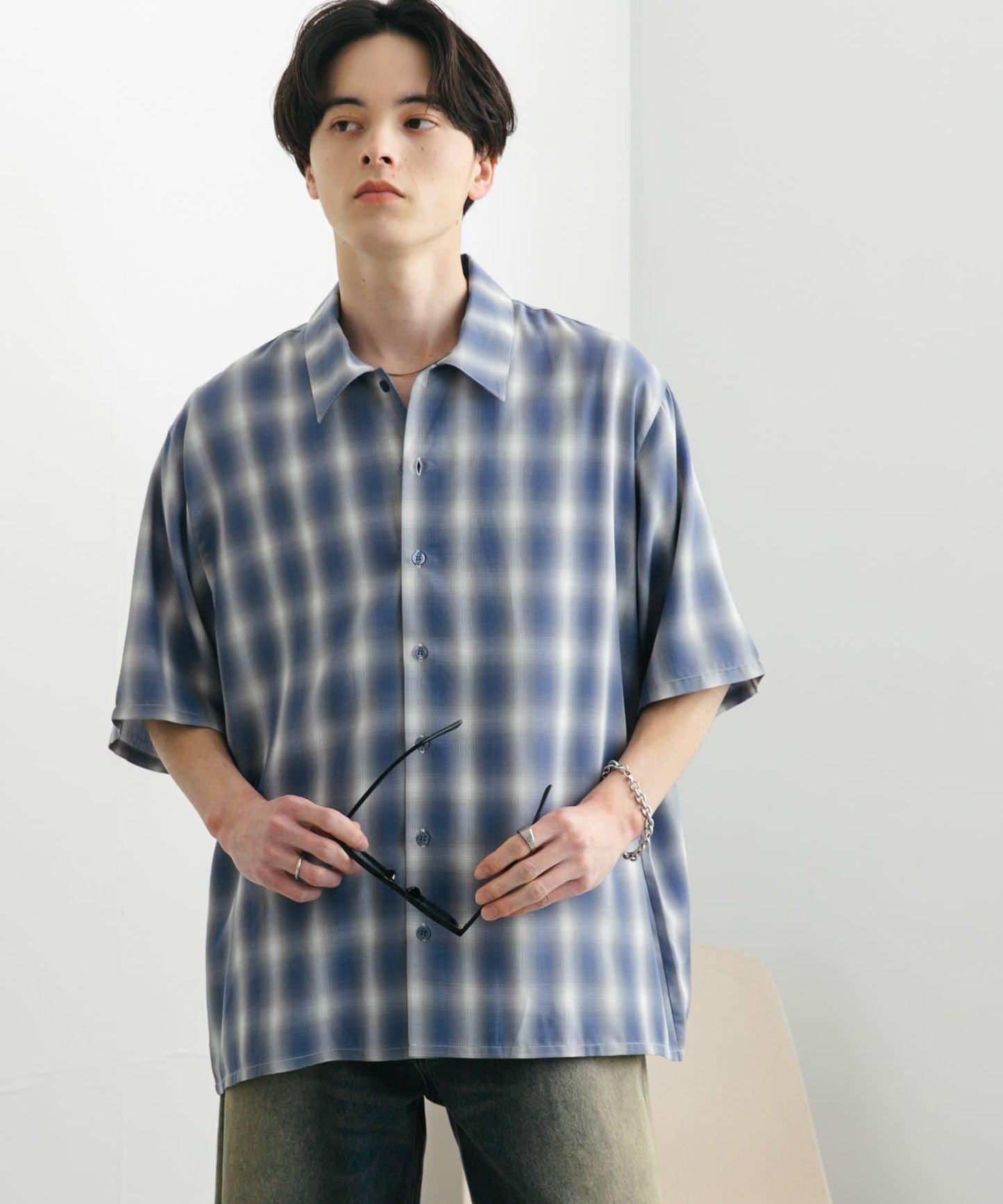 中性漸變格紋短袖襯衫