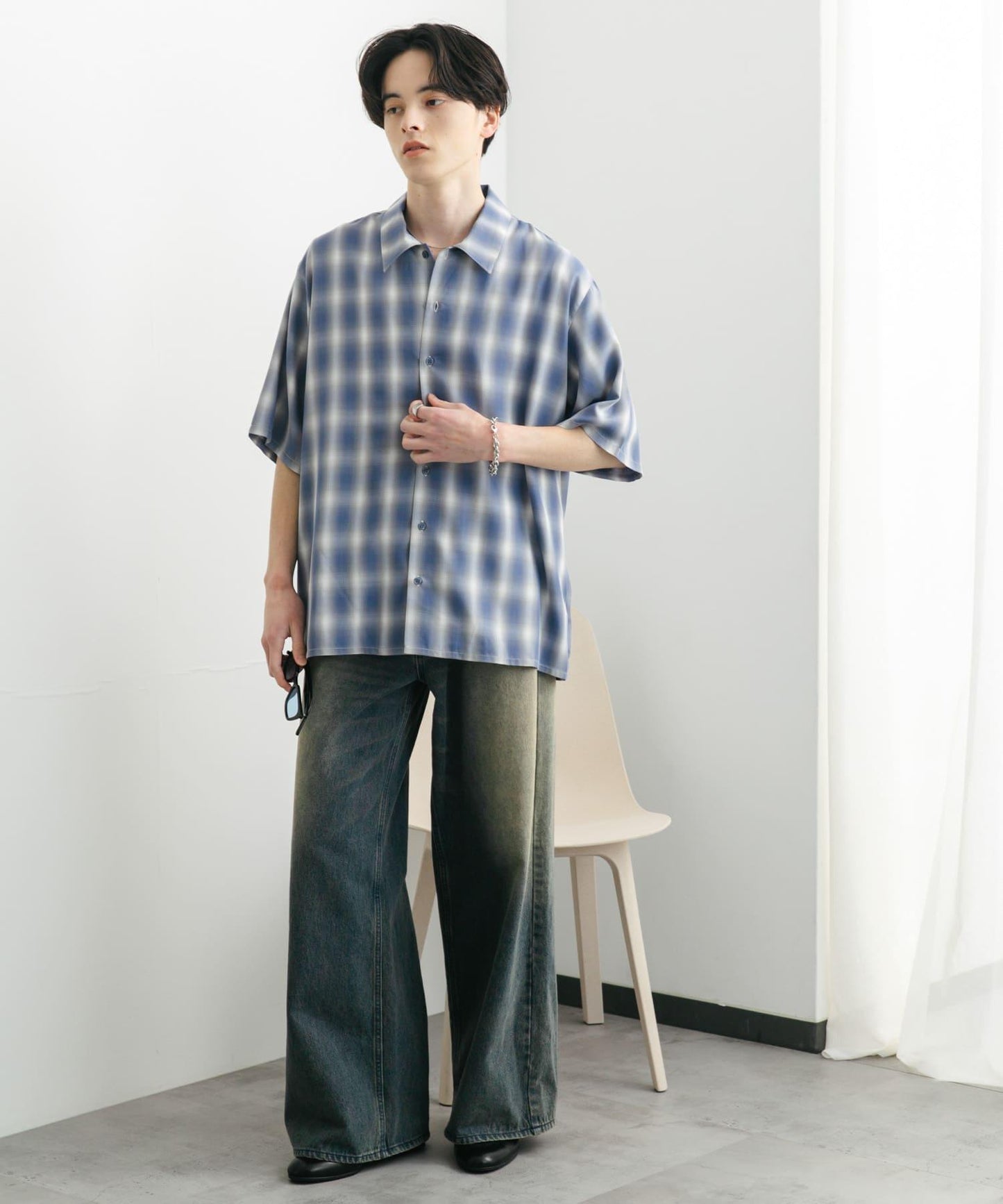 中性漸變格紋短袖襯衫