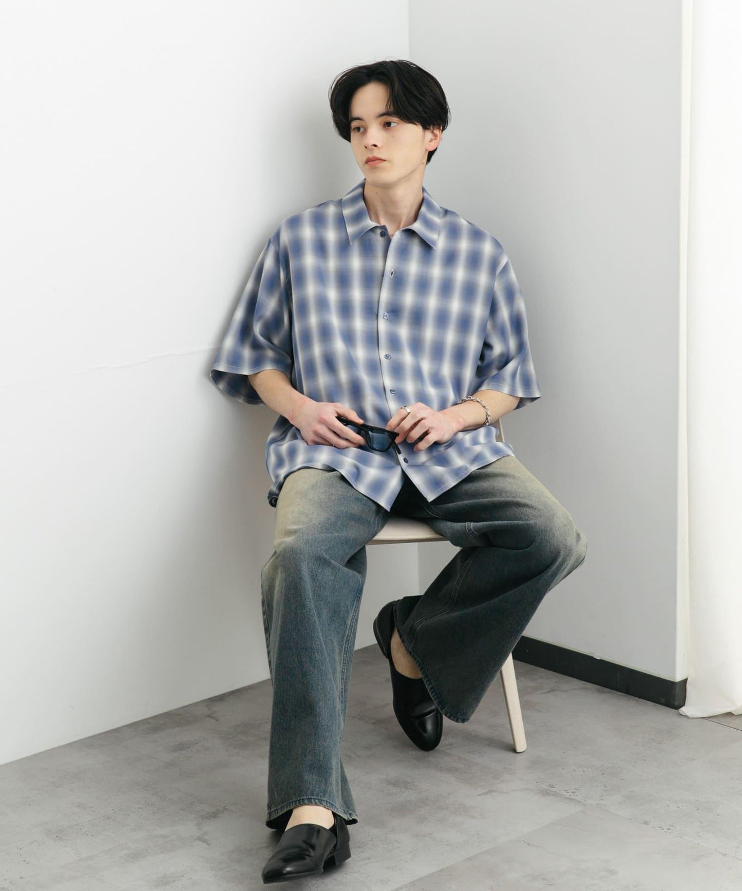 中性漸變格紋短袖襯衫