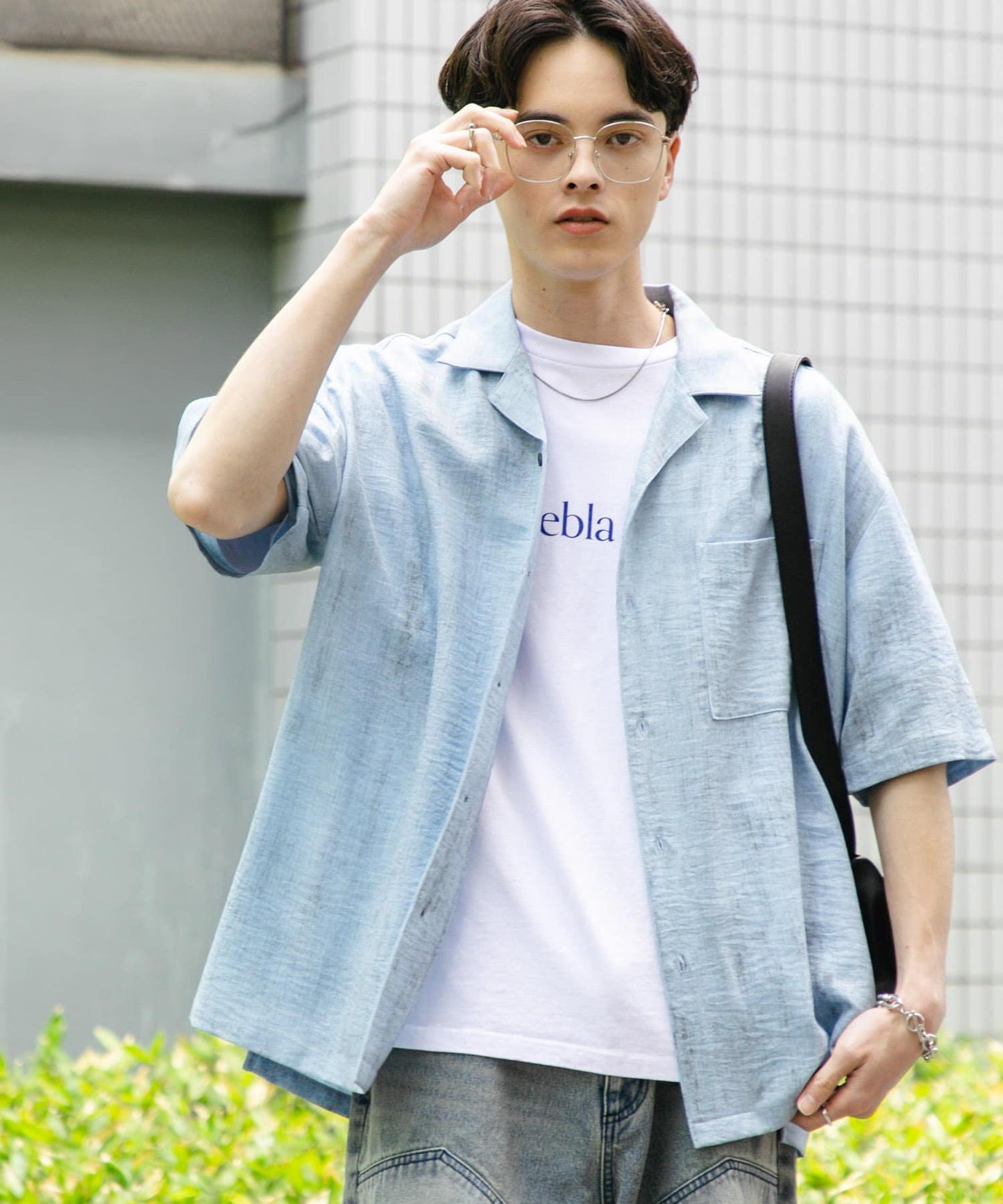 大理石紋開領短袖襯衫