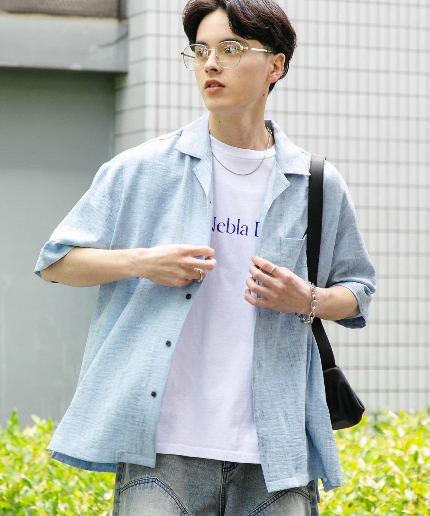 大理石紋開領短袖襯衫